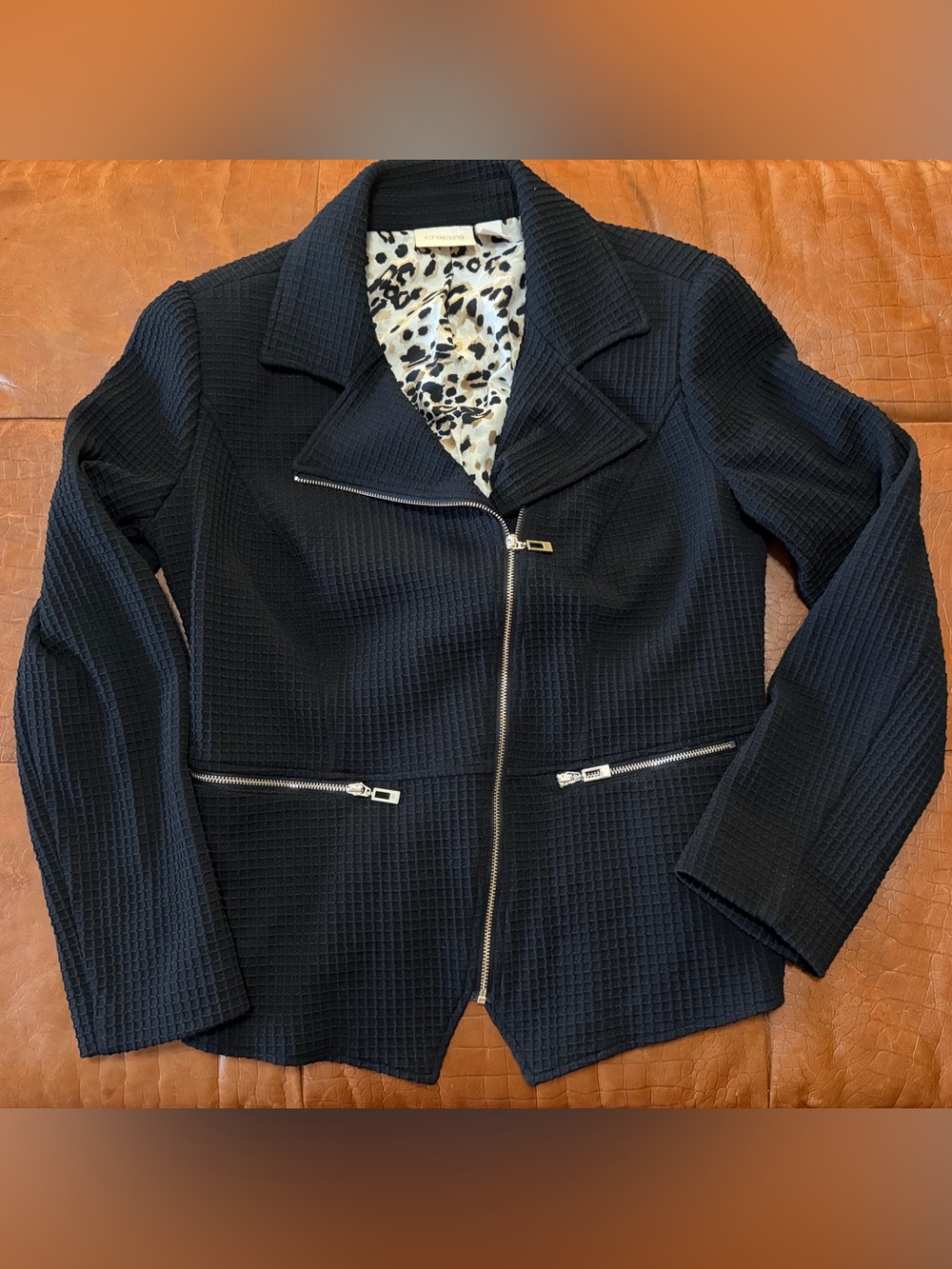 Chico's Black Textured Moto Blazer with Leopard Lining small 4